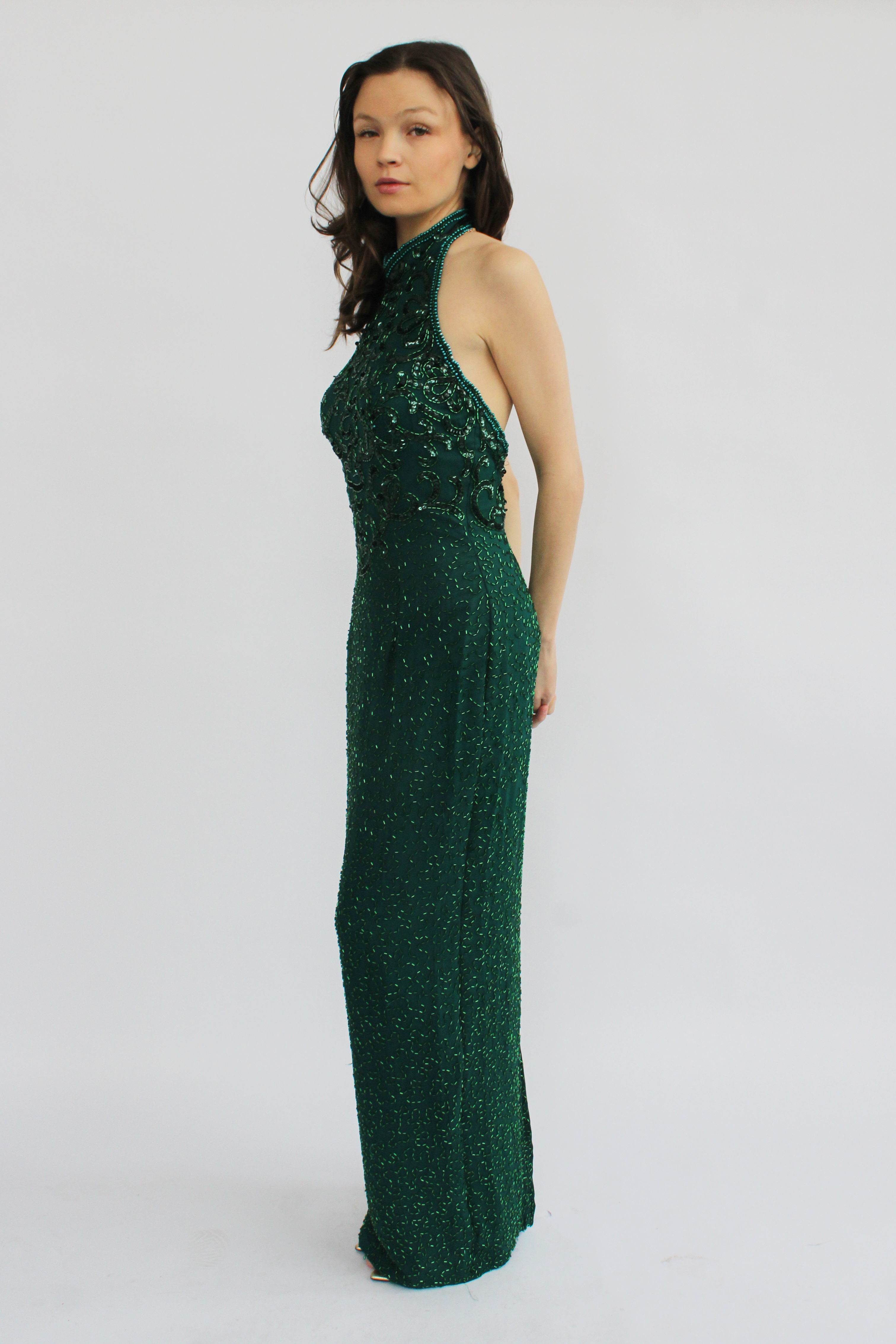 Forest green beaded silk gown