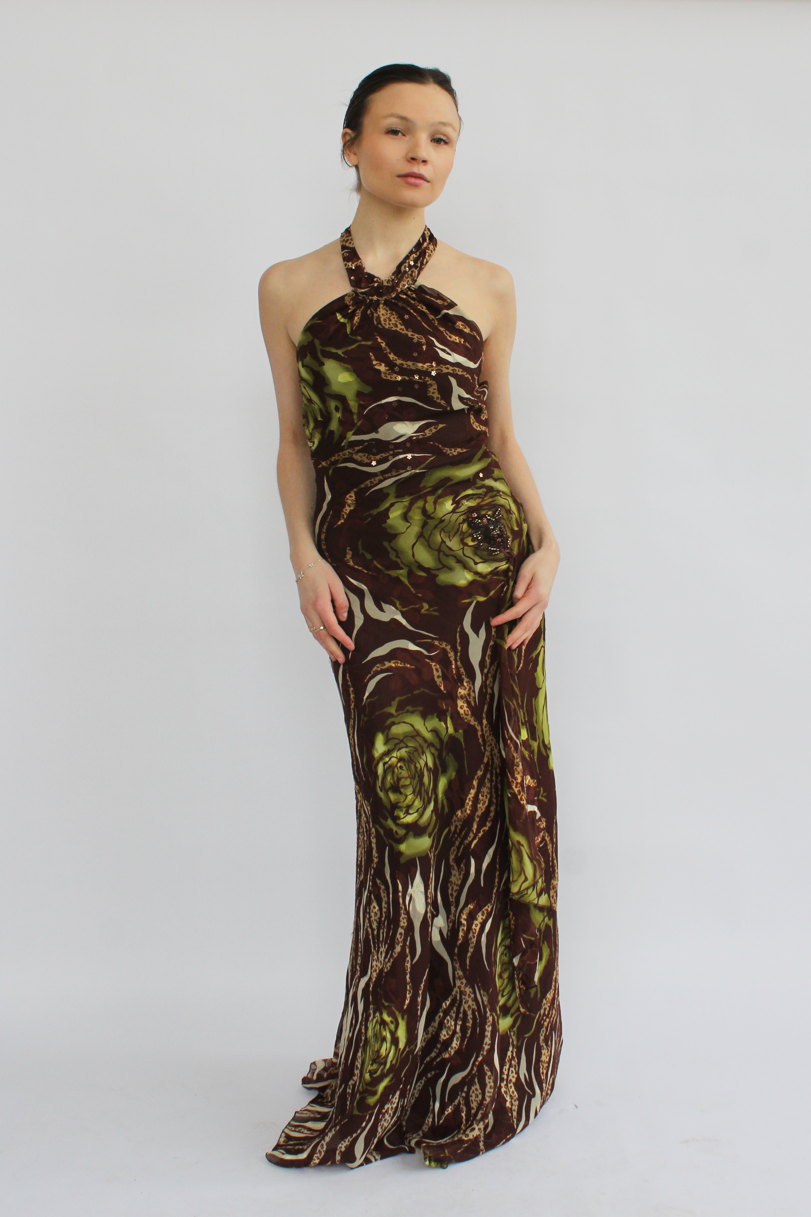 Brown animal print halter maxi dress