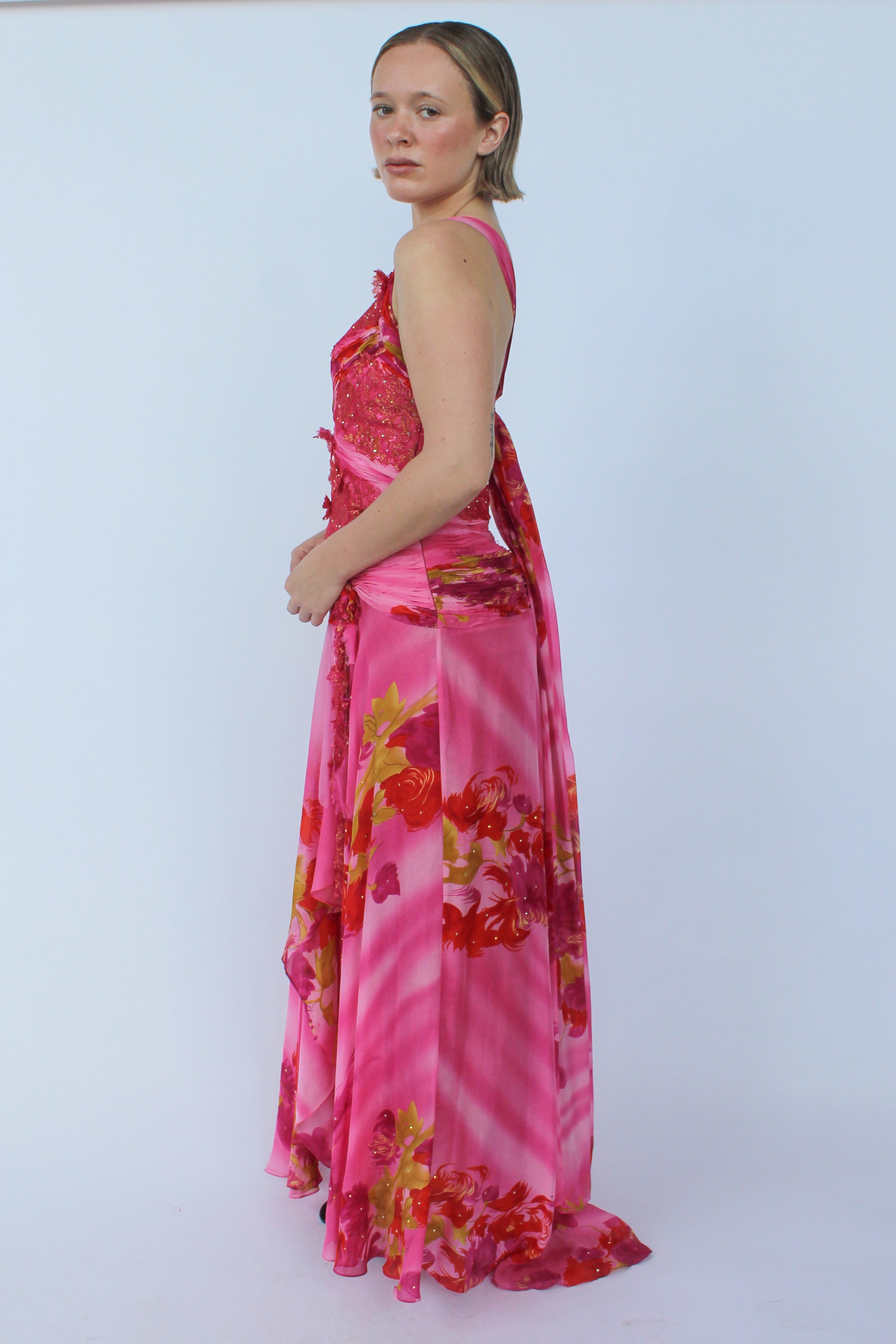 Pink floral silk gown
