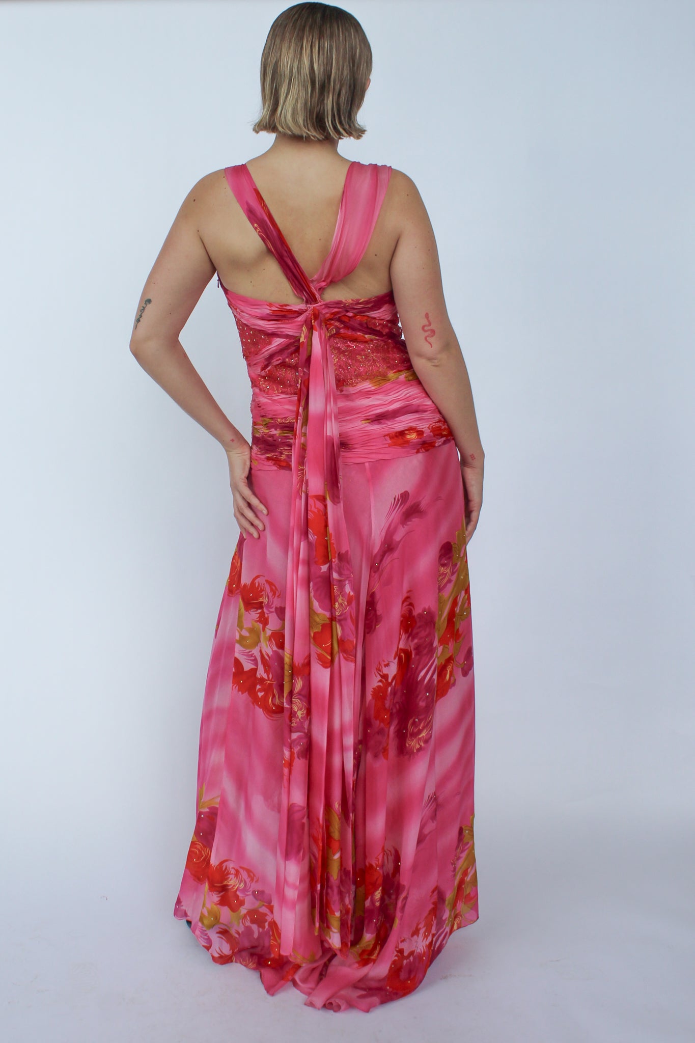 Pink floral silk gown