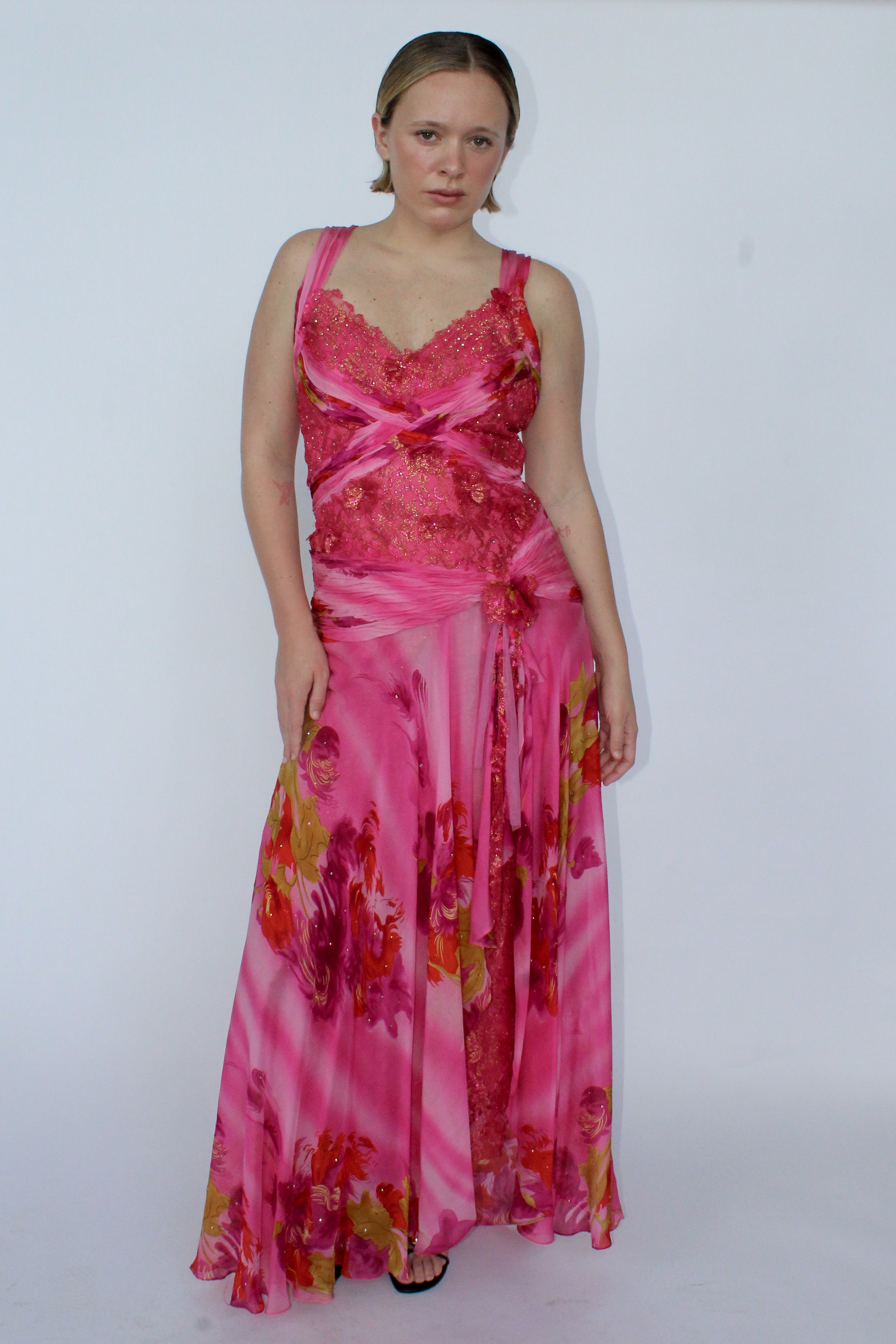 Pink floral silk gown