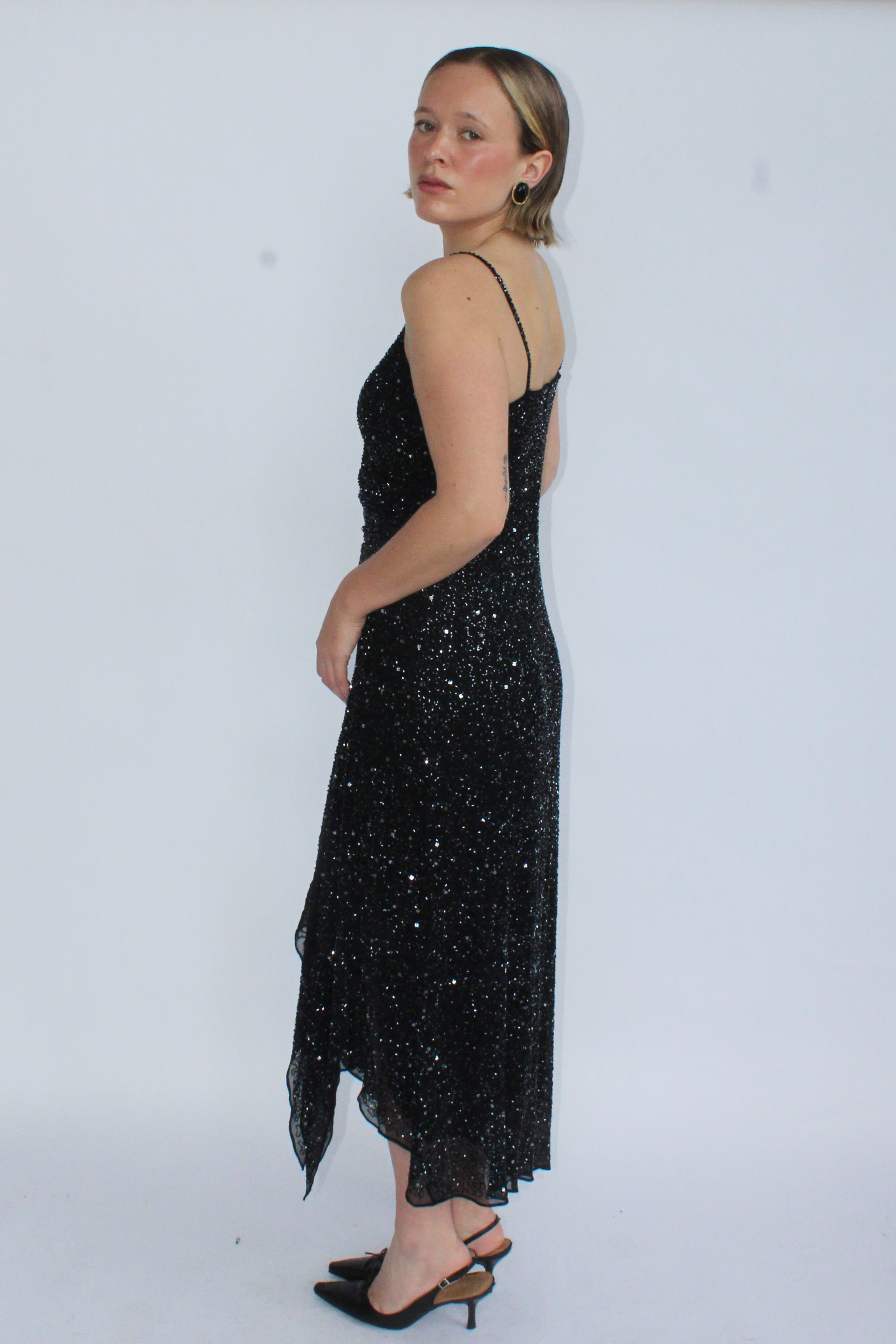 Black beaded asymmetrical gown