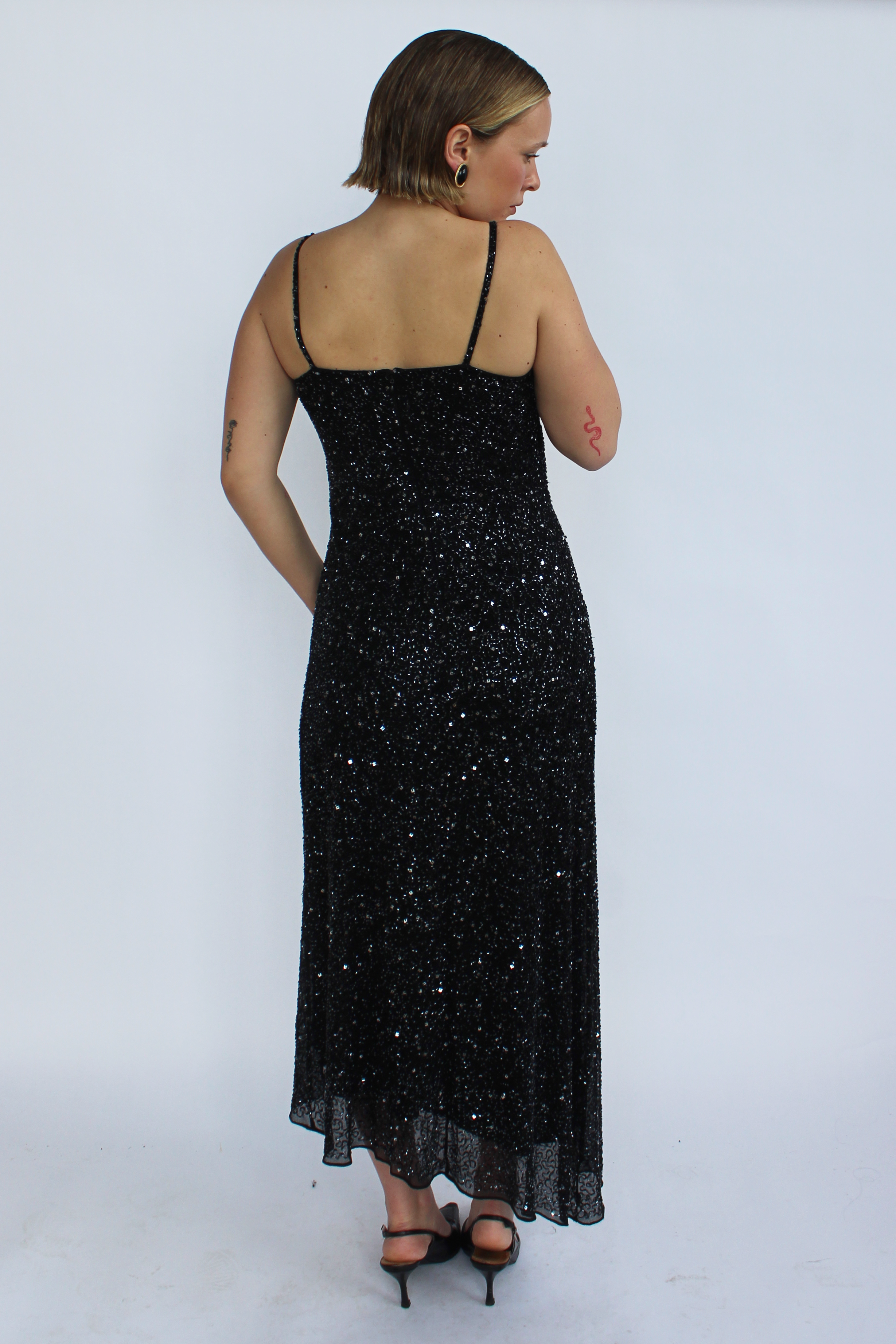 Black beaded asymmetrical gown