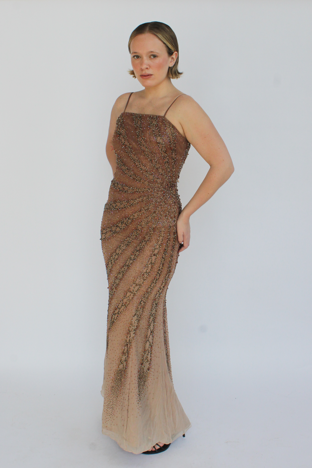 Brown silk beaded gown