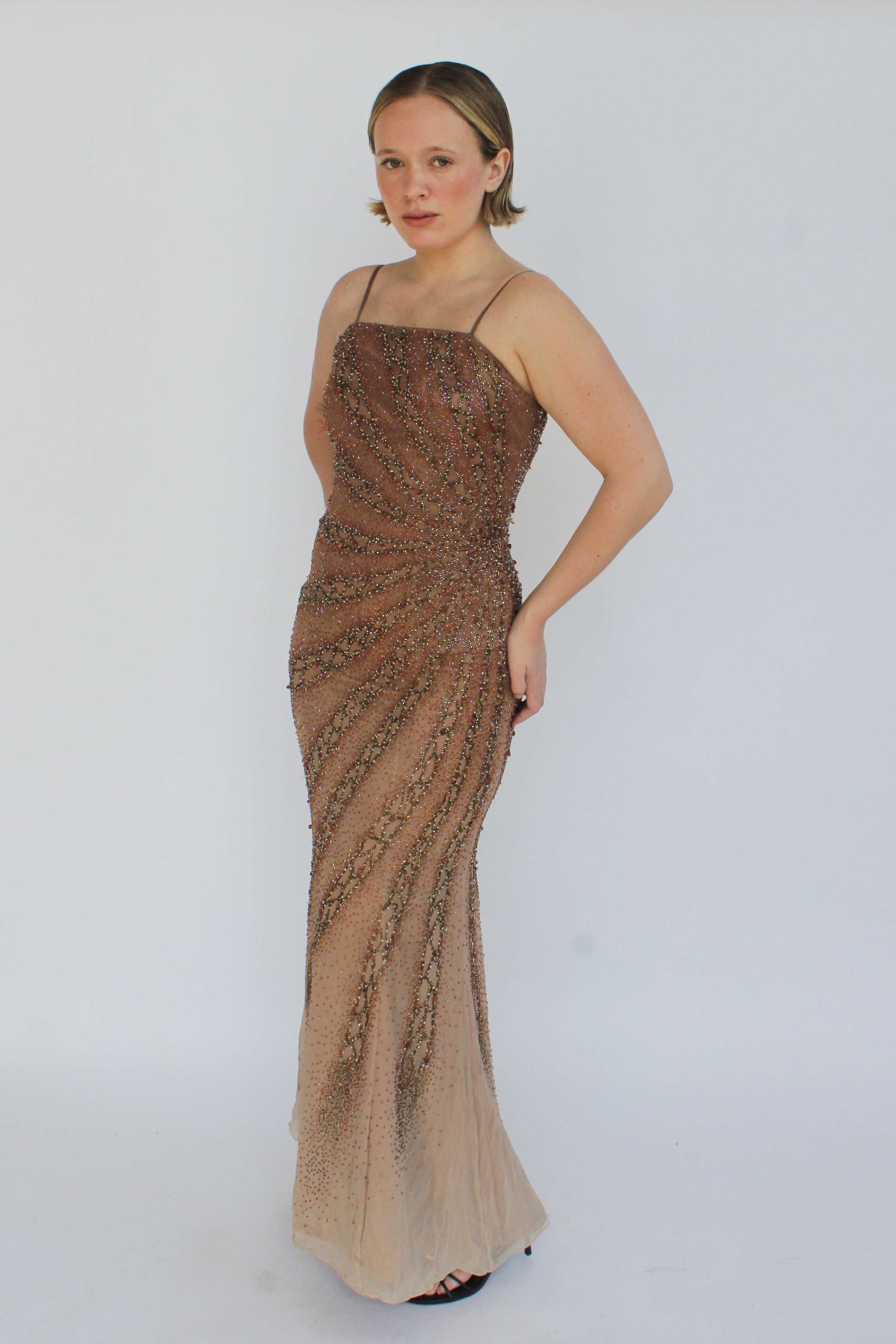 Brown silk beaded gown