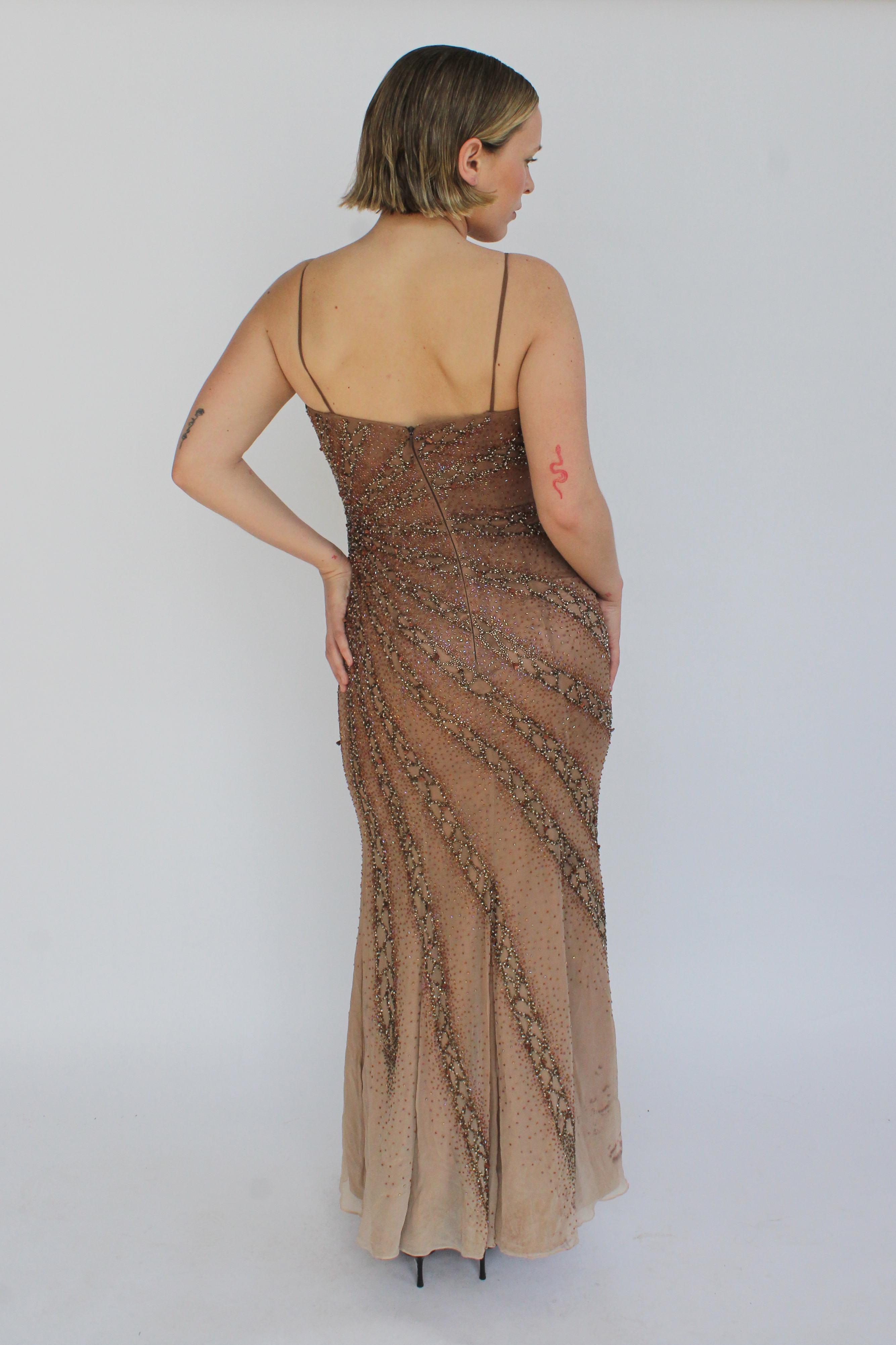 Brown silk beaded gown