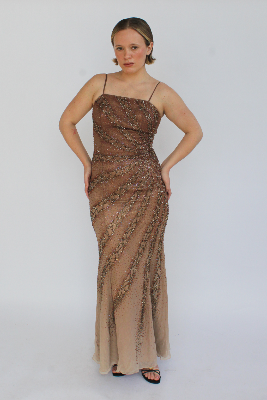Brown silk beaded gown