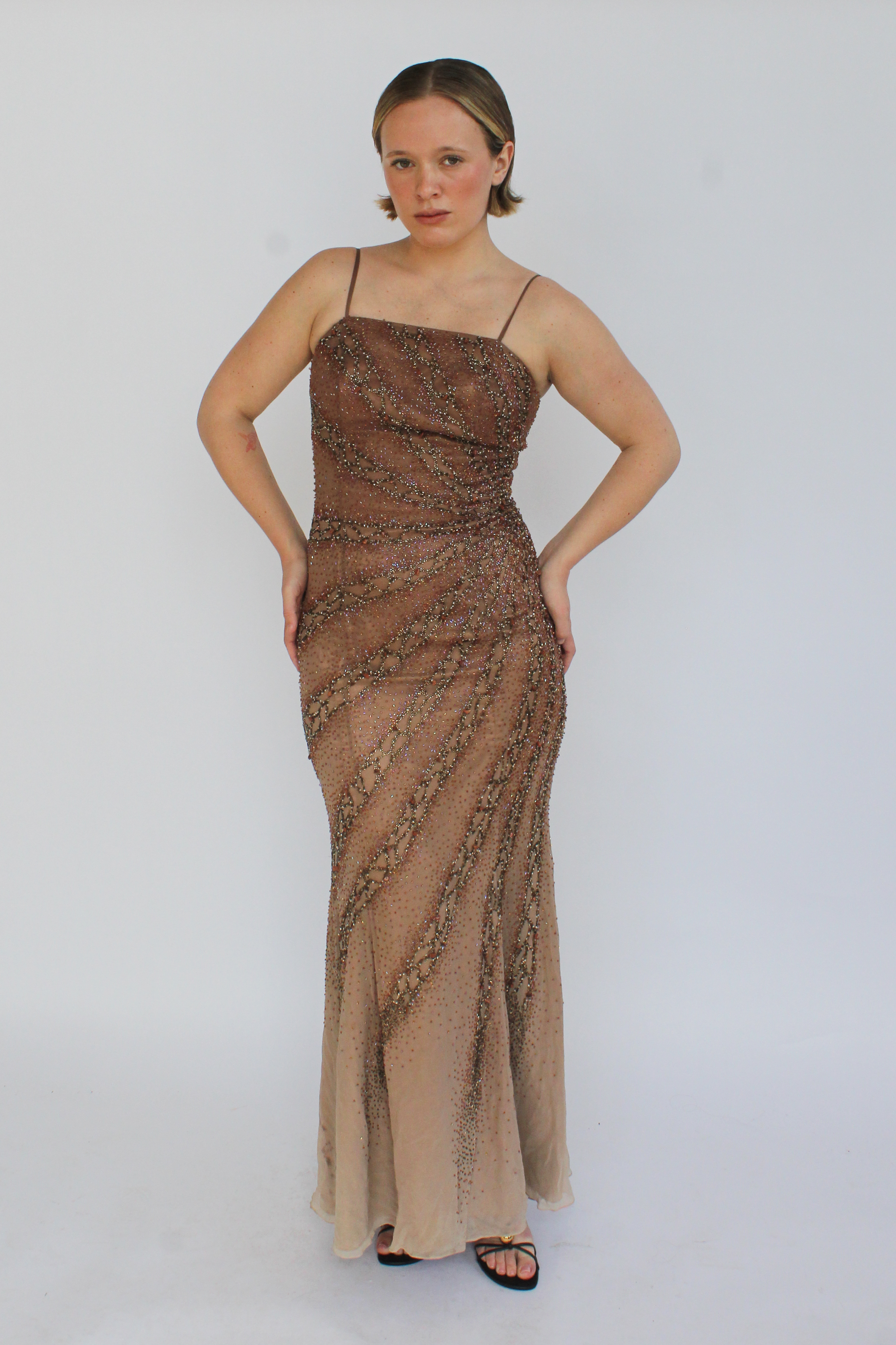 Brown silk beaded gown